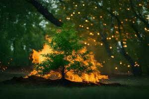 a small tree is burning in the middle of a field. AI-Generated photo