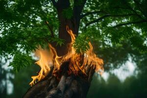 a tree with flames coming out of it. AI-Generated photo