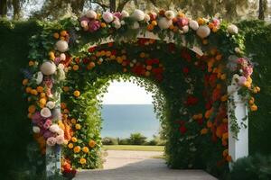 an archway decorated with oranges and flowers. AI-Generated photo