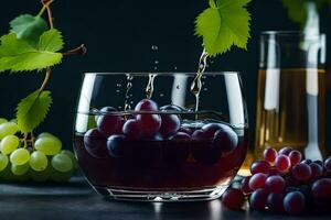 pouring wine into a glass of grapes. AI-Generated photo