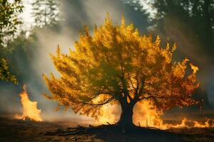 un árbol es ardiente en el medio de un campo. generado por ai foto