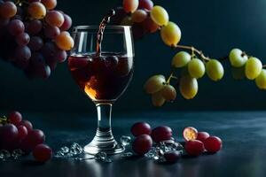 a glass of wine with grapes on a dark background. AI-Generated photo