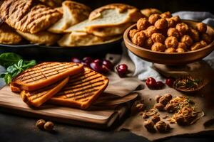 grilled cheese sandwiches and bread on a table. AI-Generated photo