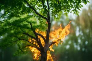 a tree with flames coming out of it. AI-Generated photo