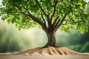 a tree is growing out of a sand mound. AI-Generated photo