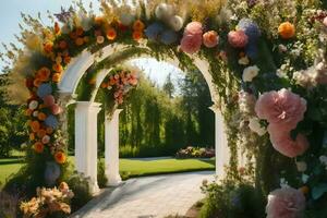 un hermosa arco con flores y verdor. generado por ai foto