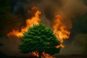 a tree is burning in the middle of a field. AI-Generated photo