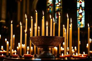 candles are lit in a church with a large bowl. AI-Generated photo