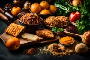 various foods including bread, oranges, and other ingredients. AI-Generated photo