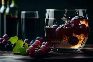 un vaso de vino con uvas y un botella de vino. generado por ai foto