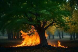 a tree with flames coming out of it in the middle of a forest. AI-Generated photo