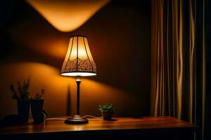 a lamp on a table in front of curtains. AI-Generated photo