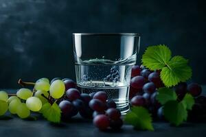 un vaso de agua y uvas en un oscuro antecedentes. generado por ai foto