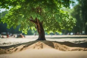 a tree is growing out of the sand in the middle of a beach. AI-Generated photo