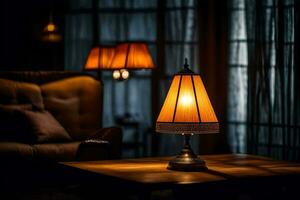 a lamp is on a table in front of a couch. AI-Generated photo