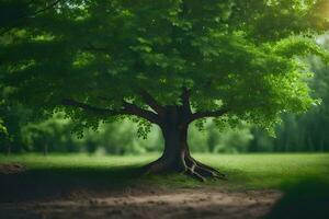 un árbol es mostrado en el medio de un campo. generado por ai foto