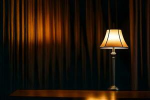 a lamp is sitting on a table in front of a curtain. AI-Generated photo