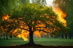 a tree with flames coming out of it. AI-Generated photo
