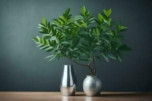a silver vase with a green plant in it. AI-Generated photo