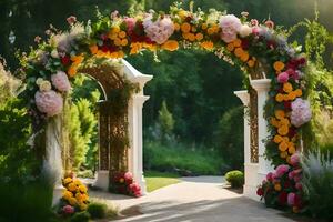 un Boda arco decorado con flores generado por ai foto