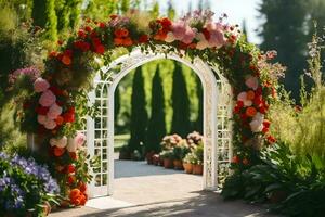 an archway with flowers and greenery. AI-Generated photo