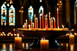 candles are lit in a church with candles in the background. AI-Generated photo