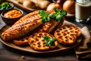 grilled chicken breast with waffles and sauce on a wooden plate. AI-Generated photo