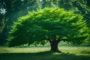 a tree in the middle of a green field. AI-Generated photo