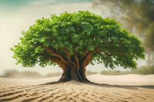 a tree in the desert with sand and trees. AI-Generated photo