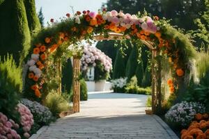 an archway with flowers and greenery. AI-Generated photo
