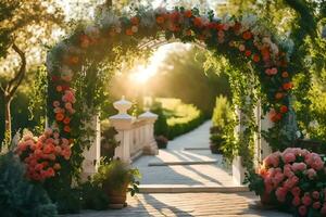 an archway with flowers and greenery. AI-Generated photo