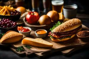 un sándwich, papas fritas, y otro comida en un corte tablero. generado por ai foto