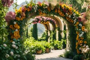 a flower archway in the garden. AI-Generated photo