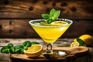 a cocktail with lemon and mint on a wooden table. AI-Generated photo
