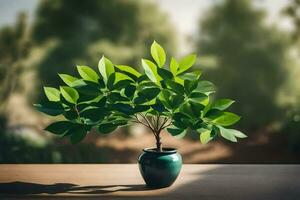 a small plant in a vase on a table. AI-Generated photo