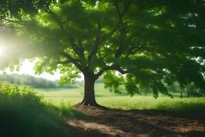 un árbol es en pie en el medio de un campo. generado por ai foto