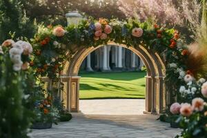 un Boda arco con flores y verdor. generado por ai foto