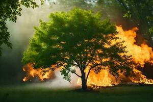 a tree is burning in the grass. AI-Generated photo