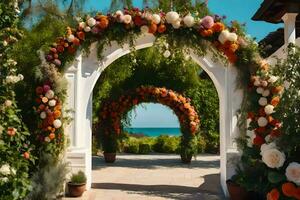 a wedding arch decorated with flowers and plants. AI-Generated photo