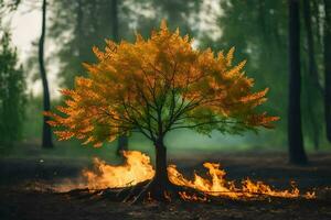 a tree with flames coming out of it in the middle of a forest. AI-Generated photo