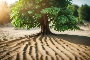 a tree in the desert with sand and dirt. AI-Generated photo