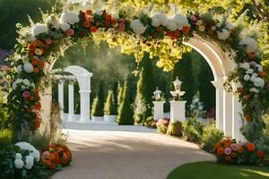 an archway decorated with flowers and greenery. AI-Generated photo