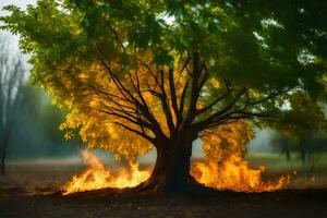 a tree with flames coming out of it. AI-Generated photo