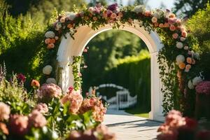 an archway with flowers and greenery. AI-Generated photo
