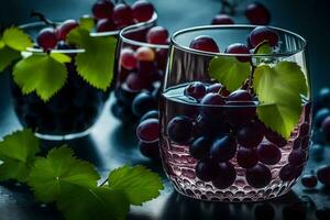grapes in glasses with leaves on the table. AI-Generated photo