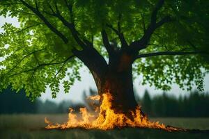 a tree with flames coming out of it in the middle of a field. AI-Generated photo