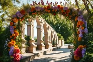 a colorful archway decorated with flowers is shown. AI-Generated photo