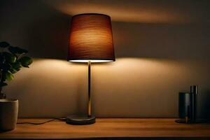 a table lamp with a brown shade on it. AI-Generated photo