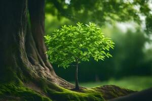 un pequeño árbol creciente en el medio de un bosque. generado por ai foto