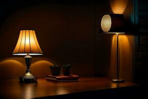 a lamp and a book on a table in the dark. AI-Generated photo